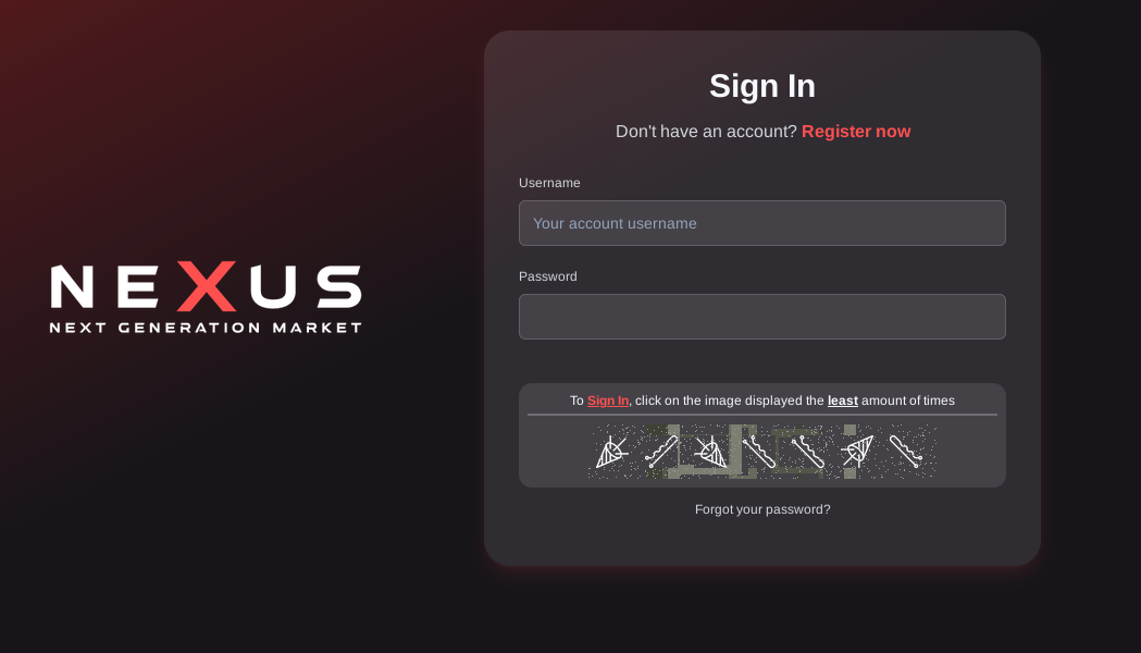 Login page for Nexus Market