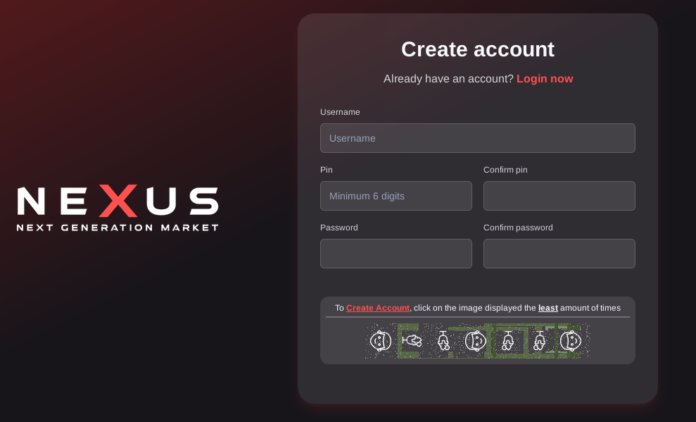 Registration page for Nexus Market